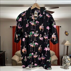 Max Boxxer Flamingo Print Black Short Sleeve Hawaiian Shirt Men’s Size XL